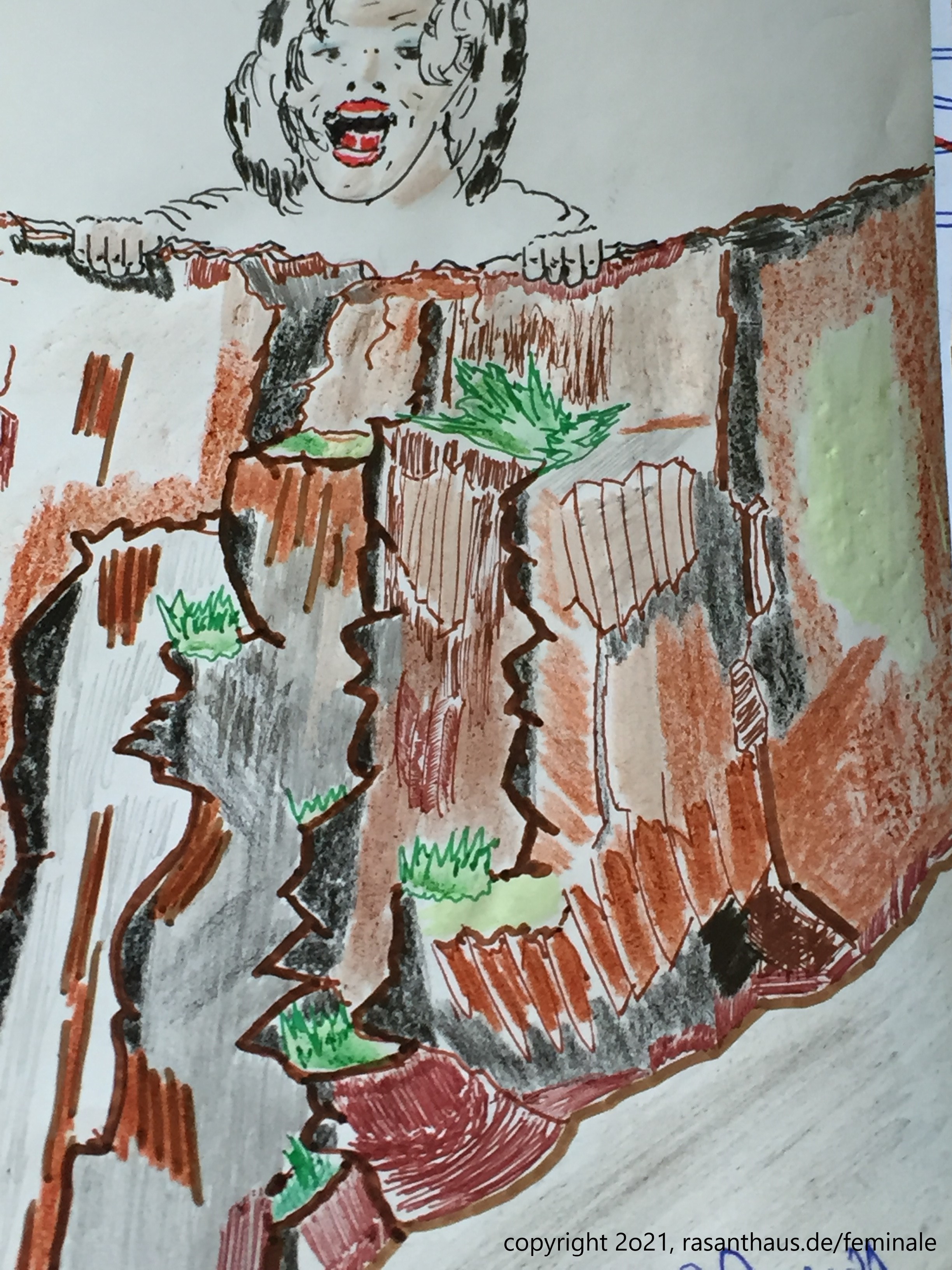 mit Bunt- und Filzstiften eine Frau gezeichnet, wie sie auf einen Abgrund liegt von unten hinauf betrachtet
